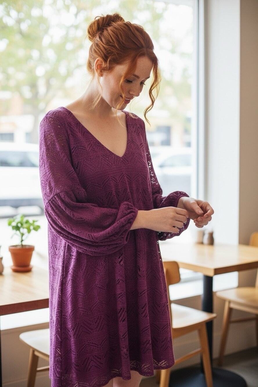 Anthropologie Maeve Laila Dress Size XL Ballon Sleeve Women Lace Purple V-Neck